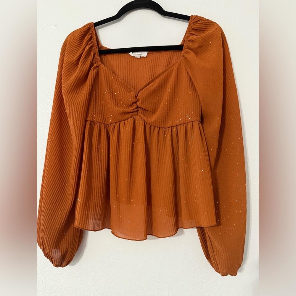 Mine Orange Ruched Puff Sleeve Blouse